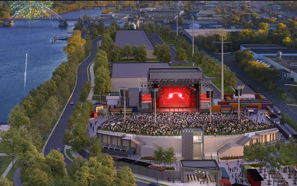Rendering of concert venue next to river
