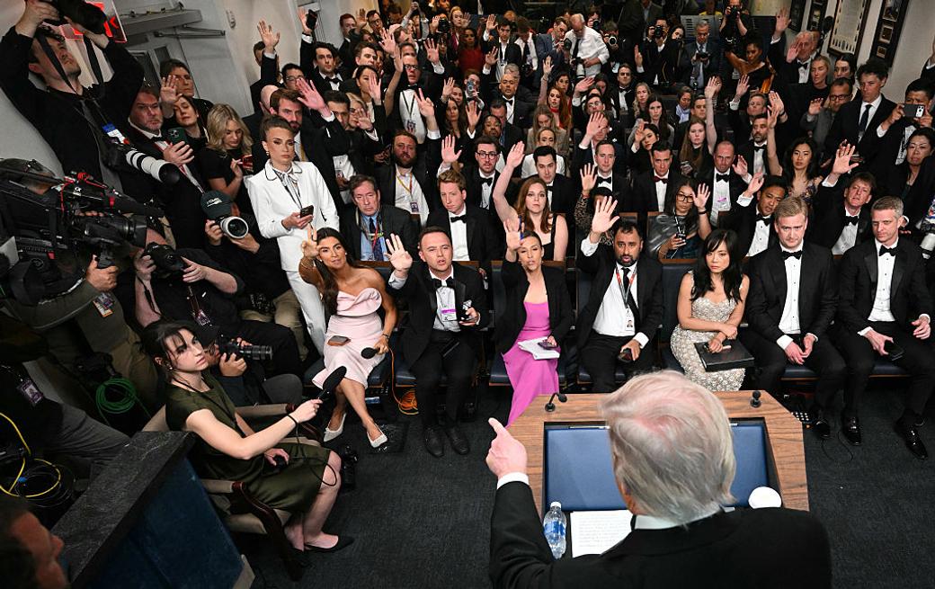 President Donald Trump takes questions during a press briefing at the White House shortly after a shooting incident at the White House Correspondents' Dinner. (Photo by Mandel Ngan/AFP/Getty Images)
