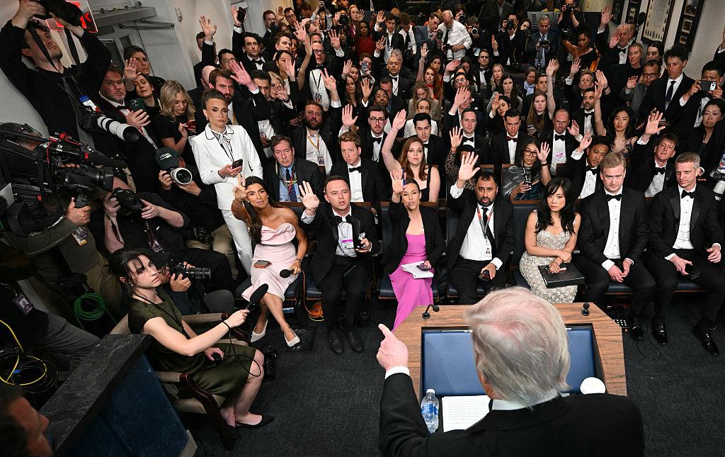 President Donald Trump takes questions during a press briefing at the White House shortly after a shooting incident at the White House Correspondents' Dinner. (Photo by Mandel Ngan/AFP/Getty Images)