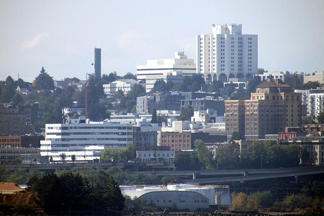 An image of St. Joseph Medical Center across Commencement Bay