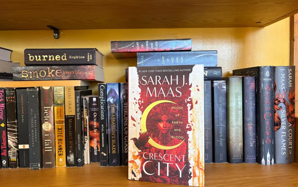 “Crescent City” propped up on a shelf of books.