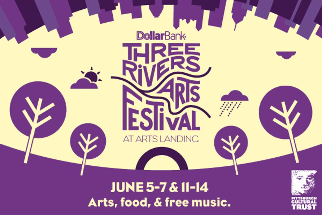 Festival poster with a cityscape and trees in purple tones. Text reads "Three Rivers Arts Festival," dates, and "Arts, food, & free music." Energetic and inviting.