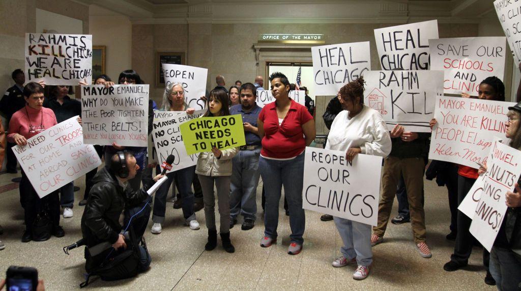 A 2013 rally in front of then–Mayor Rahm Emanuel’s office on the one-year anniversary of the closing of the mental health centers in Chicago.