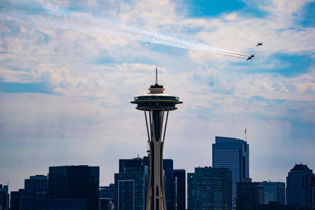 An image of the Blue Angels flying over the Space Needle from 2025’s Seafair festival