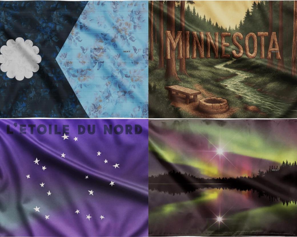 Four panels, each with a different flag design in them