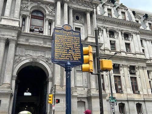 The Mother's Day historical marker is across from City Hall. (Brittany Valentine/City Cast Philly)
