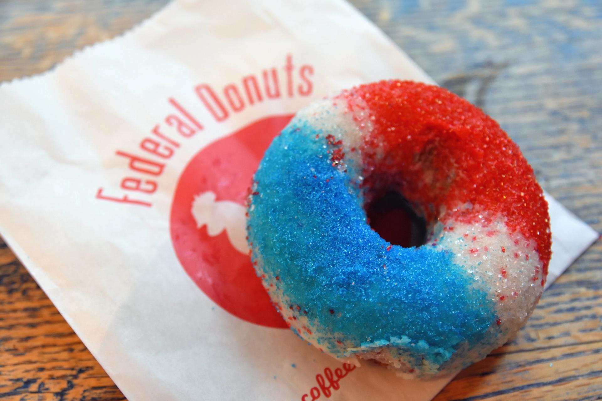 A red-white-and-blue donut from Federal Donuts.