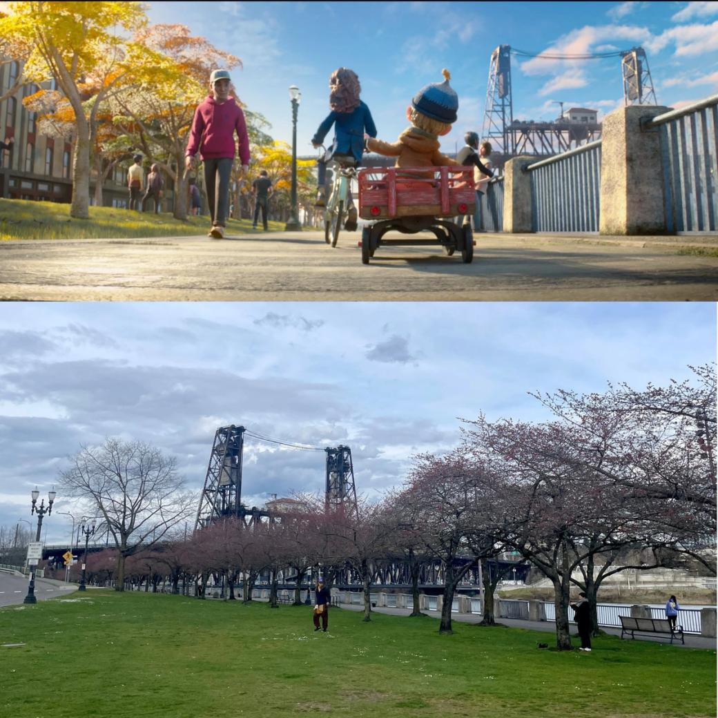 Top: An animated waterfront walkway with trees, people walking, a small boy in a wagon, and a bridge in the distance. Bottom: Trees lining a pedestrian walkway near a river with a tall bridge in the background and grass in the foreground.