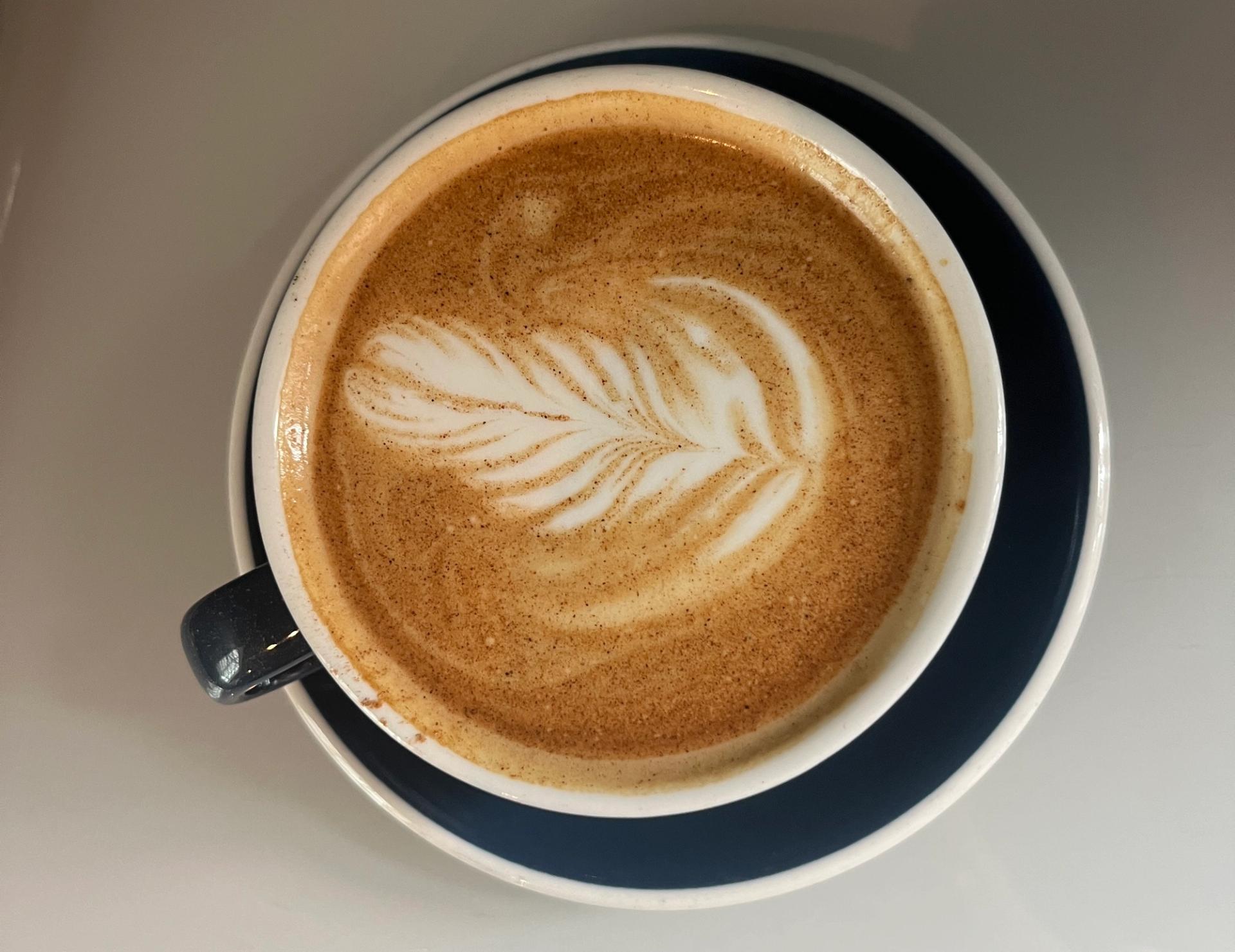 An overhead view of a latte with a feather-shaped milk art design dusted with cinnamon, served in a white cup with a navy blue rimmed saucer.