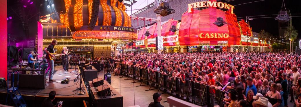 A band performs on Fremont Street.