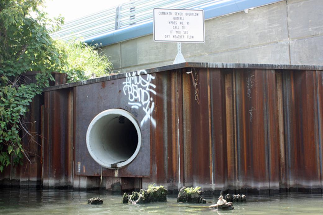 A combined sewer outfall on the North Branch of the Chicago River.