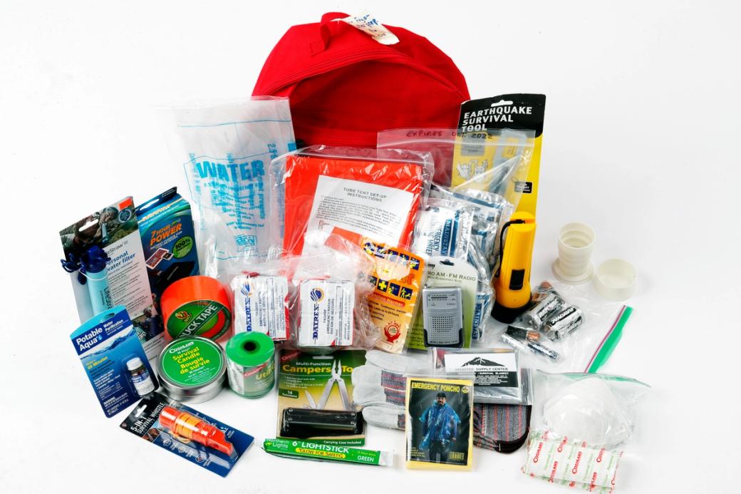 Various items in an emergency preparedness kit