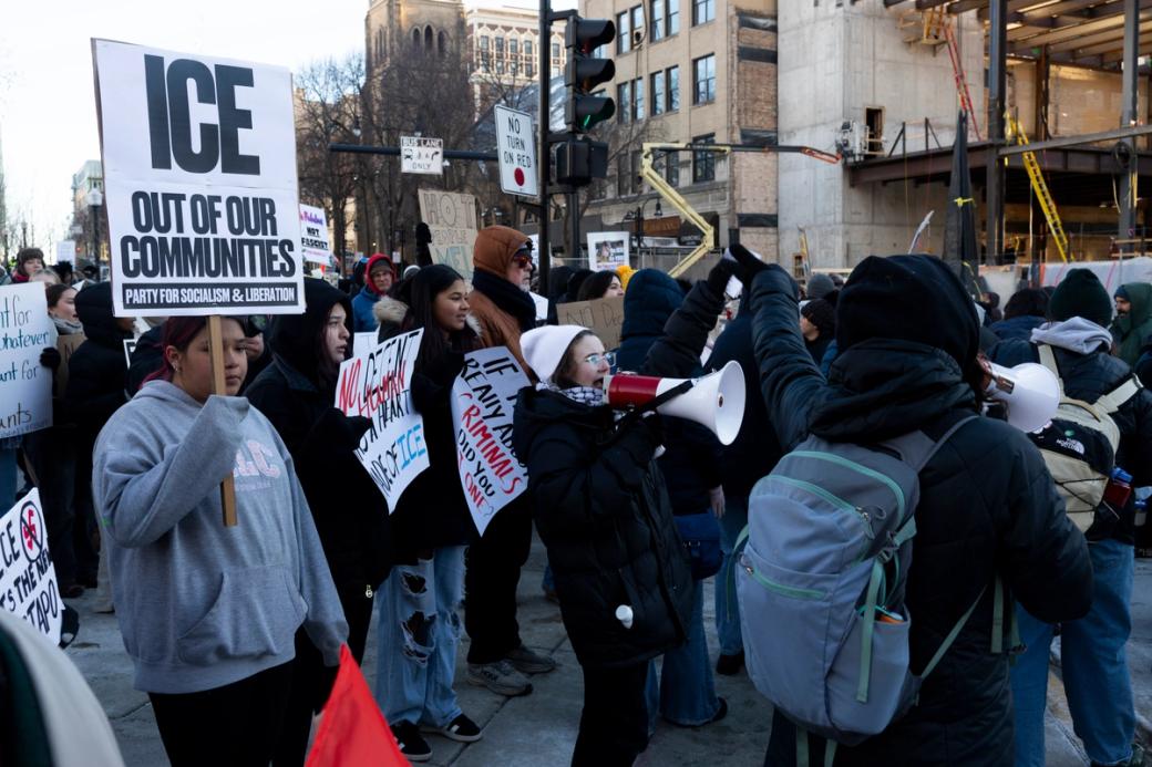 Demonstrators protest U.S. Immigration and Customs Enforcement, marching from the Library Mall to the Wisconsin State Capitol.