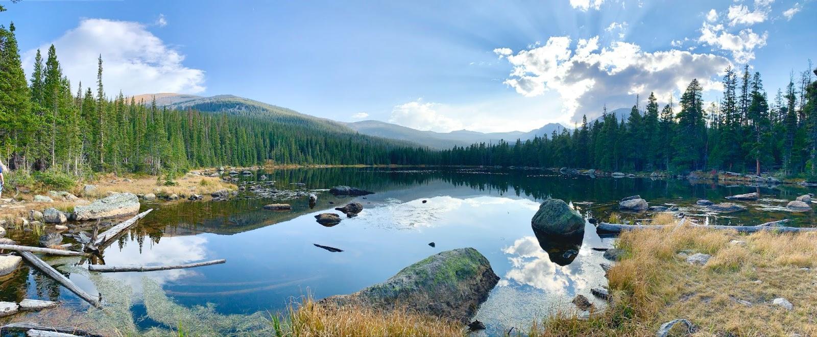 a serene lake in Rocky Mountain National Park.