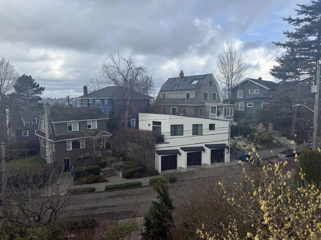 A photo of several houses of different styles, including a few craftsmen homes and new modern white construction. There are also some bare trees and clouds in the sky