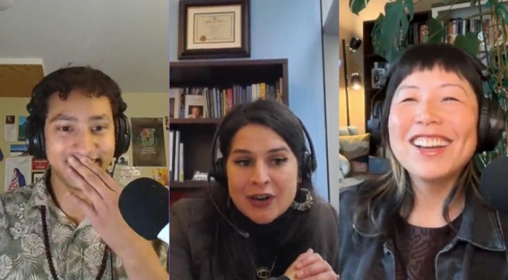 An image of Jane speaking with Alexis Mercedes Rinck and Guy Oron