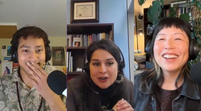 An image of Jane speaking with Alexis Mercedes Rinck and Guy Oron