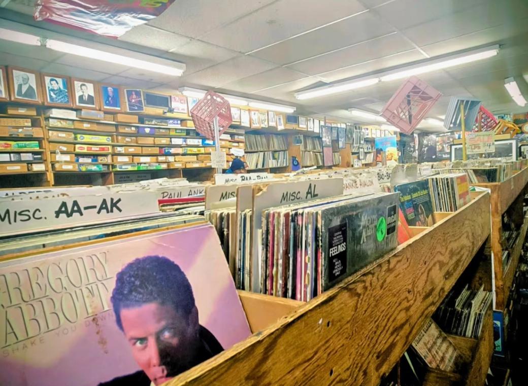 Wooden shelves with records stocked up in it