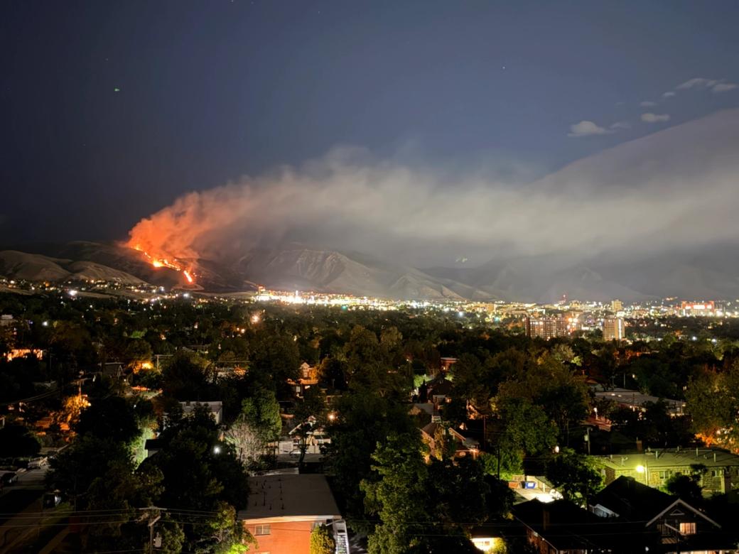 Smoke and flames from the Bonneville fire at night.
