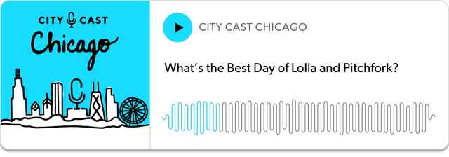 A City Cast Chicago podcast player to an episode titled, "What’s the Best Day of Lolla and Pitchfork?"