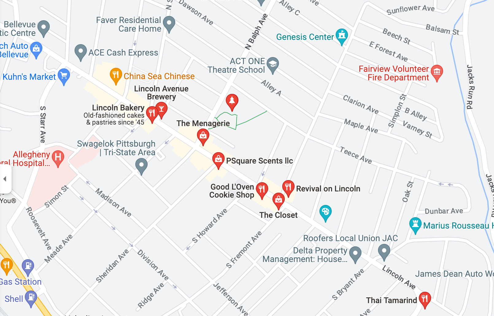 A map of recommended spots in Bellevue. (Google Maps / City Cast Pittsburgh)