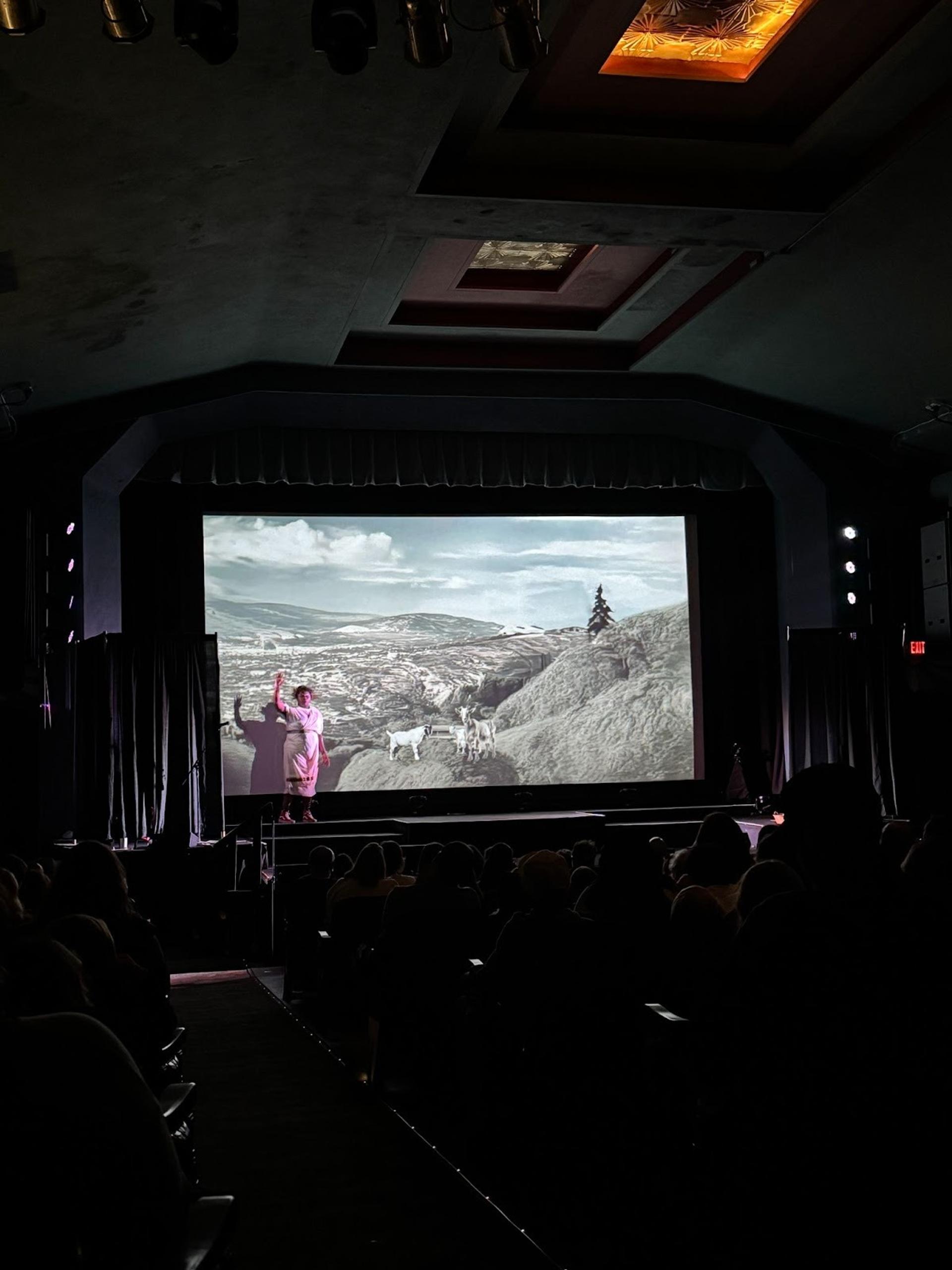 Someone on stage with a projected image behind them