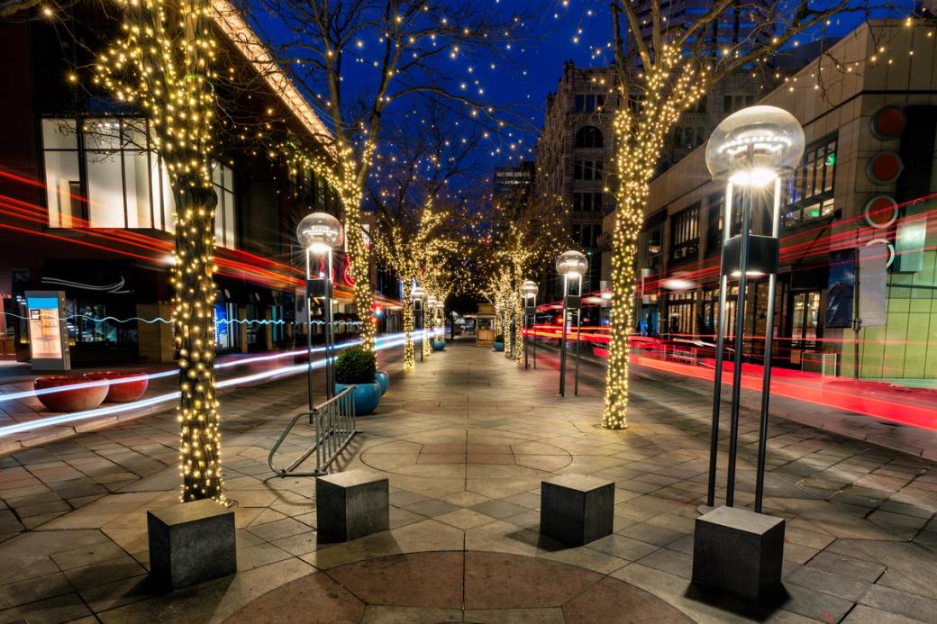 the 16th street mall at night.