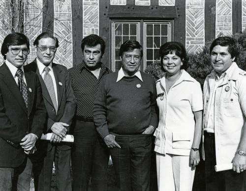 Colorado legislators Federico Peña, George Chavez, Ruben Valdez, Polly Baca-Barragán, and Richard Castro pose with United Farmworkers Union leader César Chávez