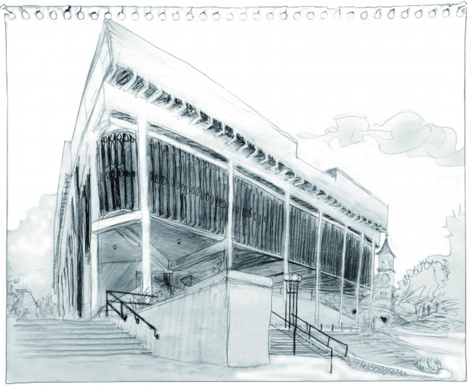 A black-and-white sketch of the brutalist Mosse Humanities Building.