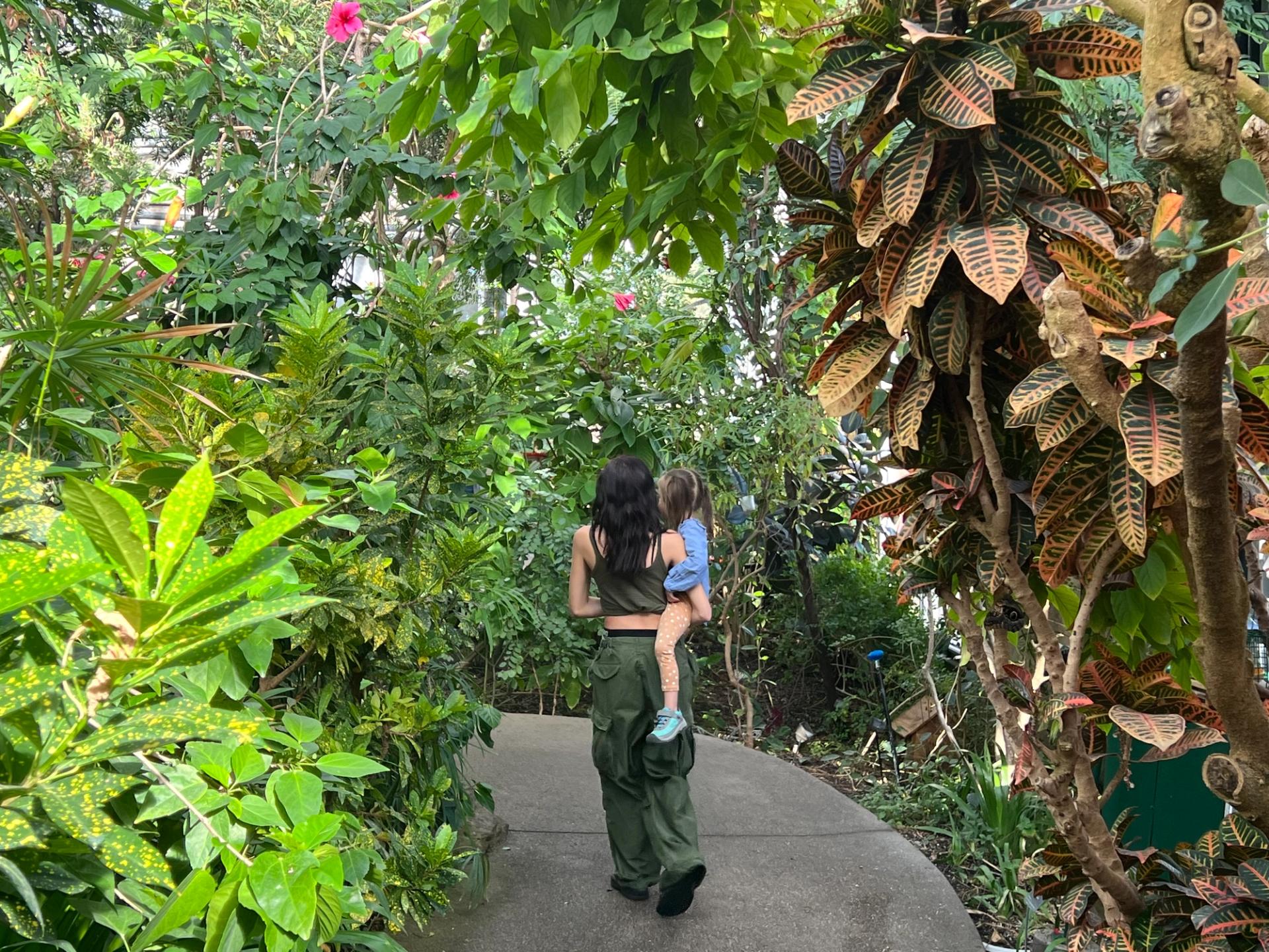 A woman and a child walk through a rainforest conservatory