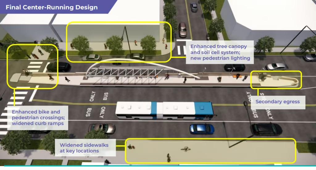 A rendering of what the two bus-only center lanes will look like as part of Denver’s new East Colfax BRT line.