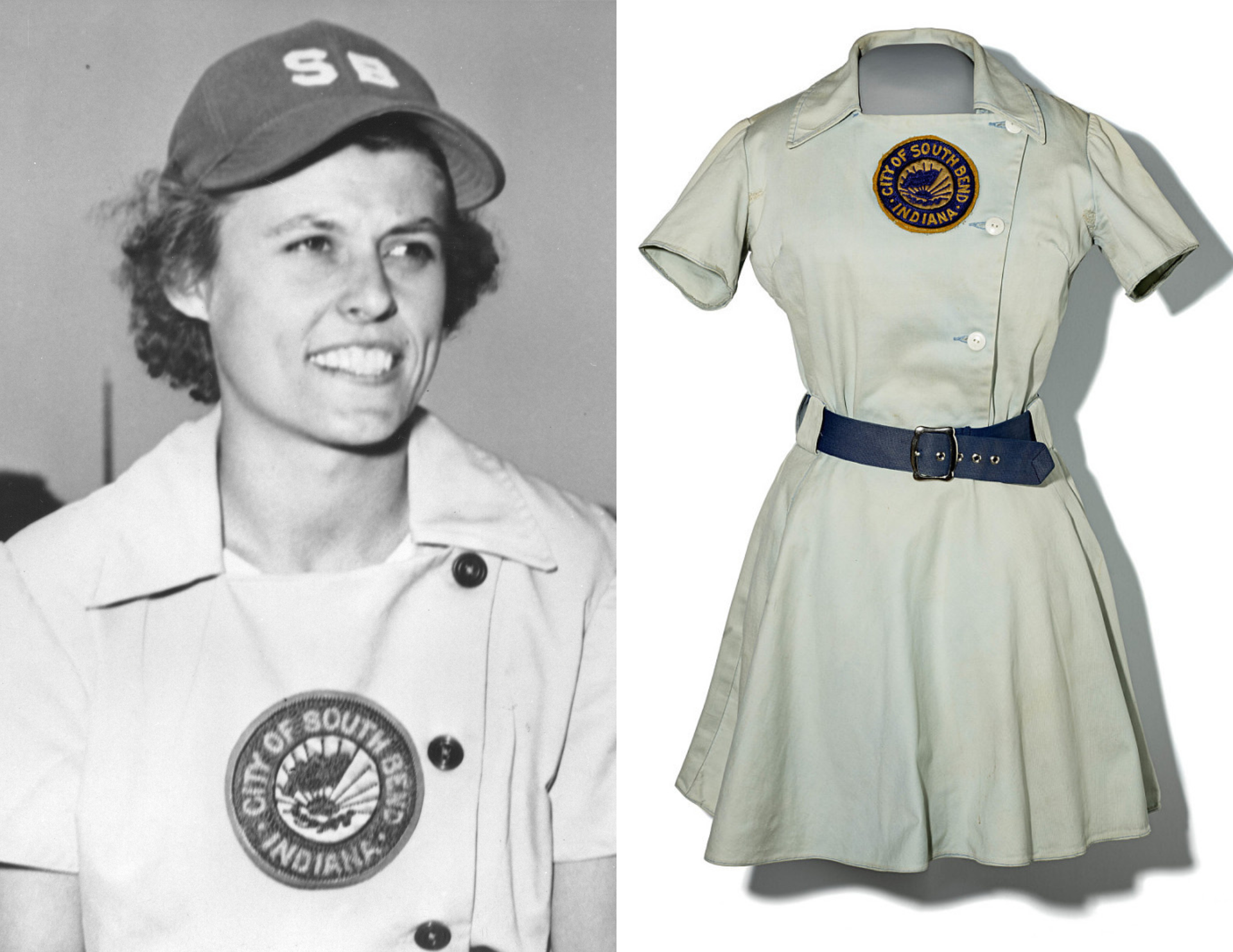 On the left, a black-and-white portrait of Betsy Jochum wearing a baseball cap with "SB" on it and a collared uniform, pictured to the right in color with blue and gold details on the logo reading "City of Southbend Indiana"