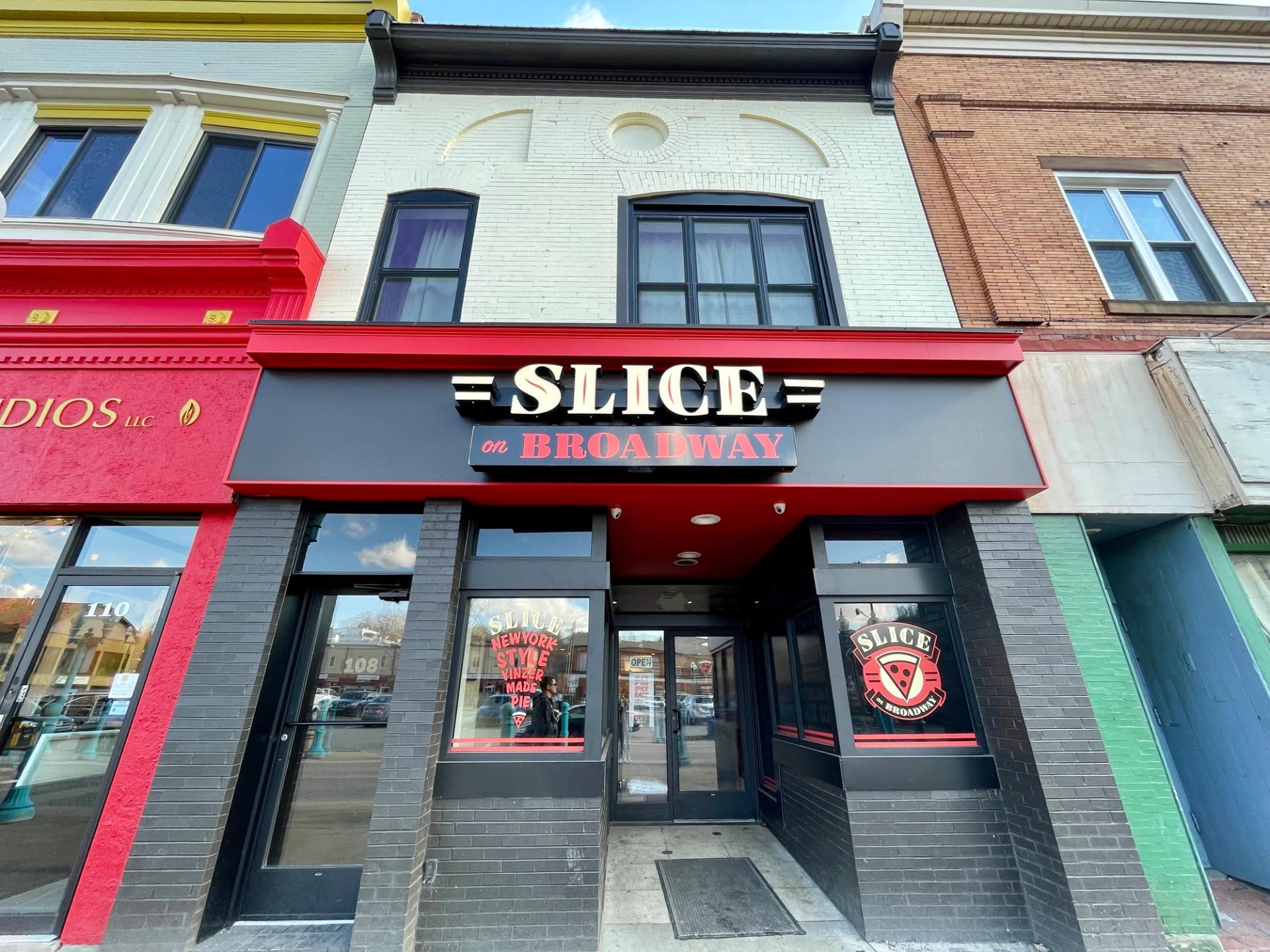 outside of Slice on Broadway in Carnegie