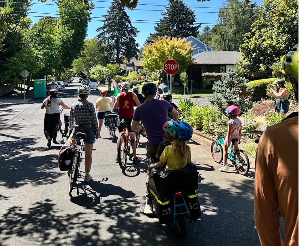 A group of people on bikes in a tree-lined street.