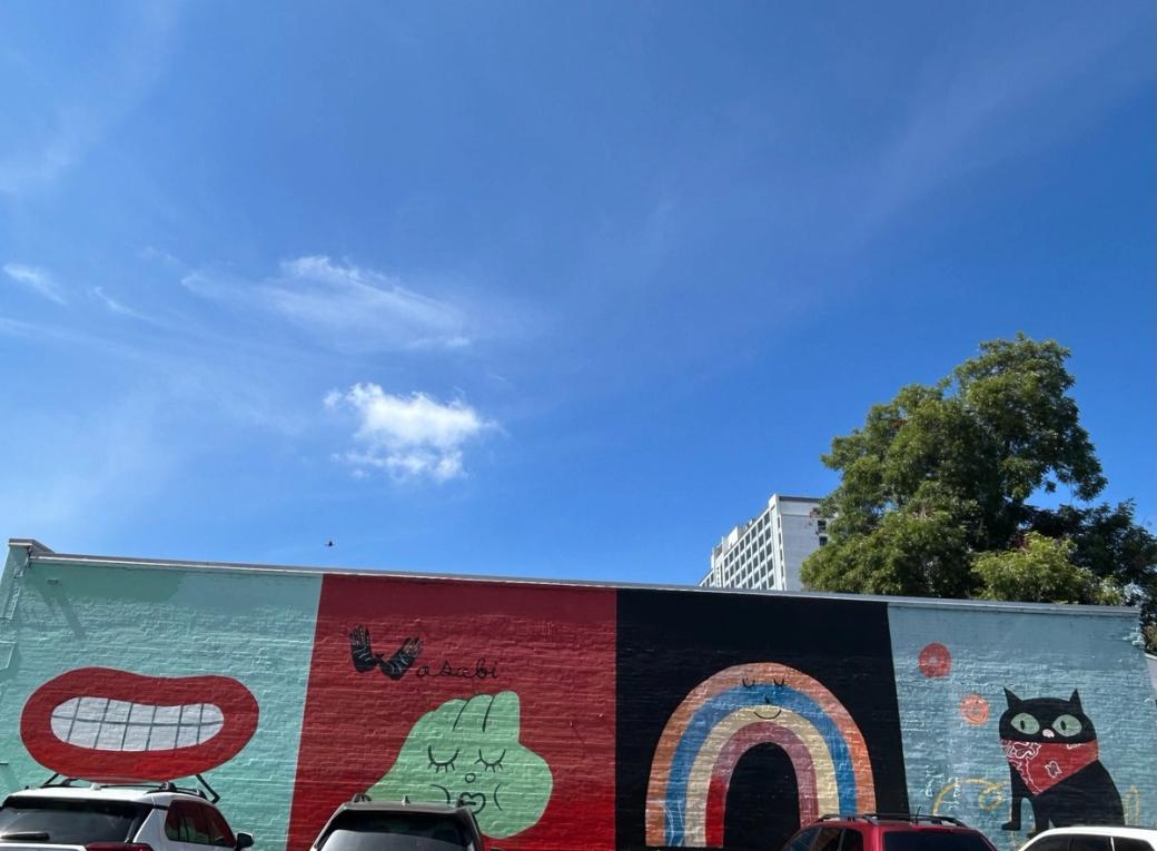 A colorful street art mural featuring panels with a smiling mouth, a green character, a rainbow, and a black cat wearing a red bandana.