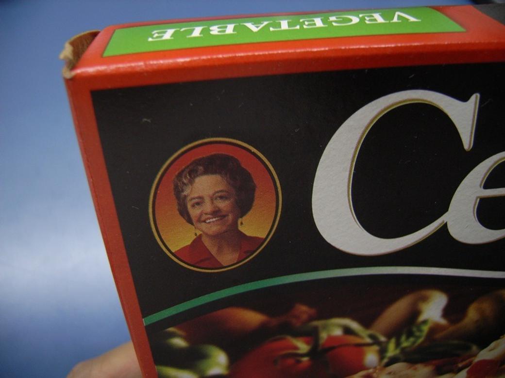 An up-close shot of a box with a woman in a circle