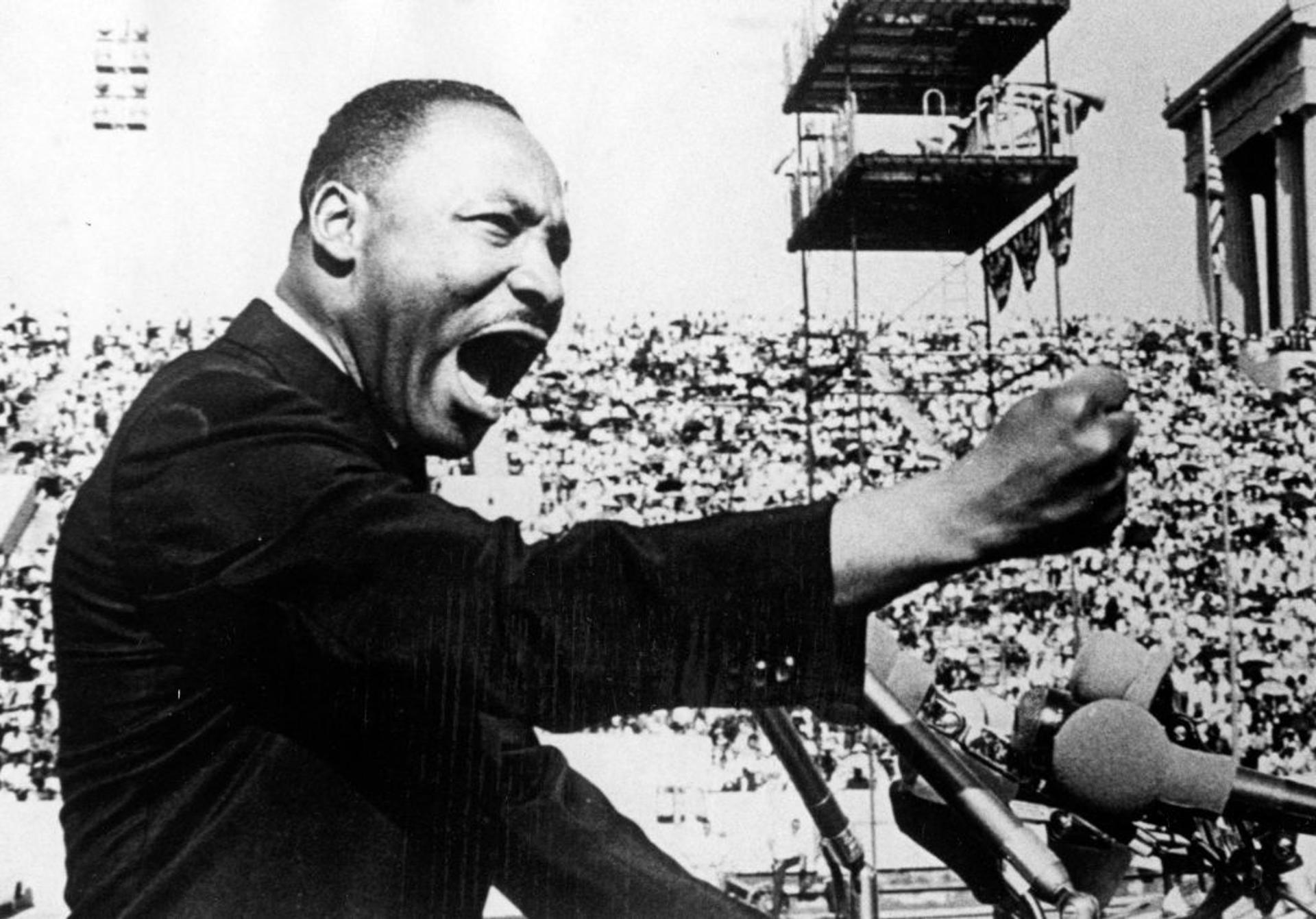 Martin Luther King Jr. during a speech at a Chicago Freedom Movement rally in Soldier Field in 1966