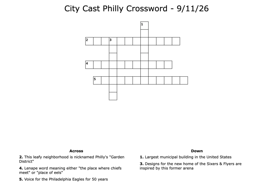 A crossword puzzle with five, Philly-themed clues. The title of the image says "City Cast Philly Crossword - 9/11/26