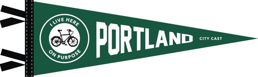 Green pennant with illustration of bike and sans serif text