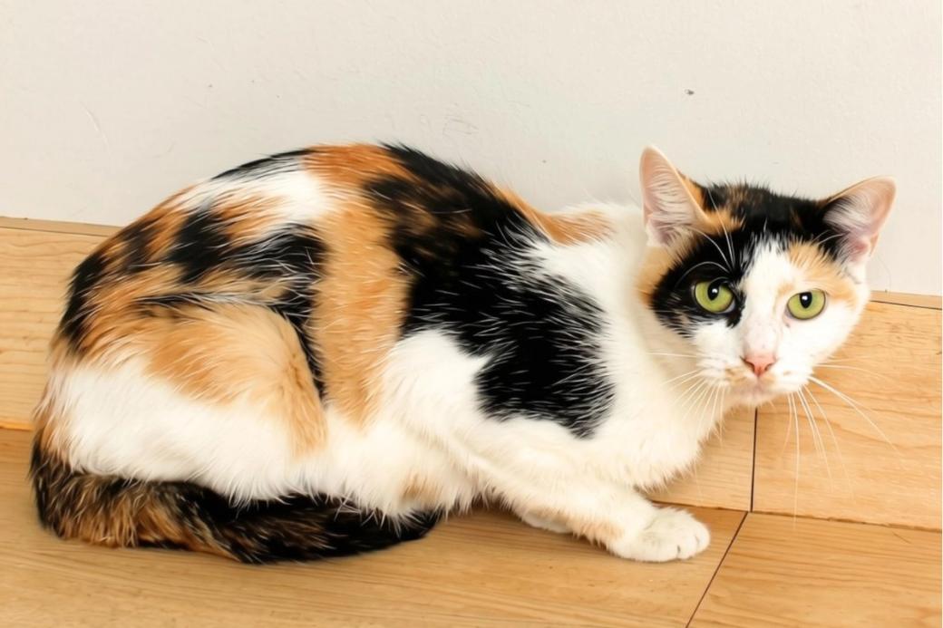 An orange, black, and white cat sits on a wooden surface, staring into the camera with its green eyes.
