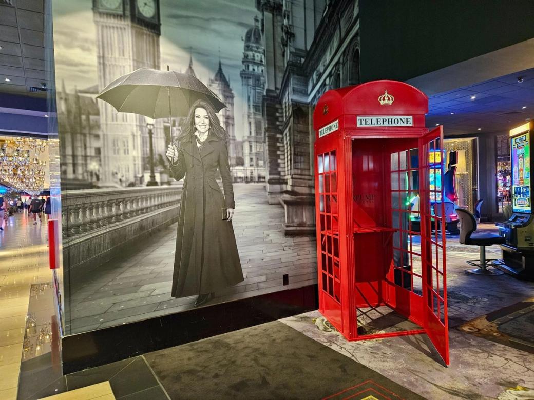 A photo of the inside of the Vanderpump Hotel - showing a classic British telephone box