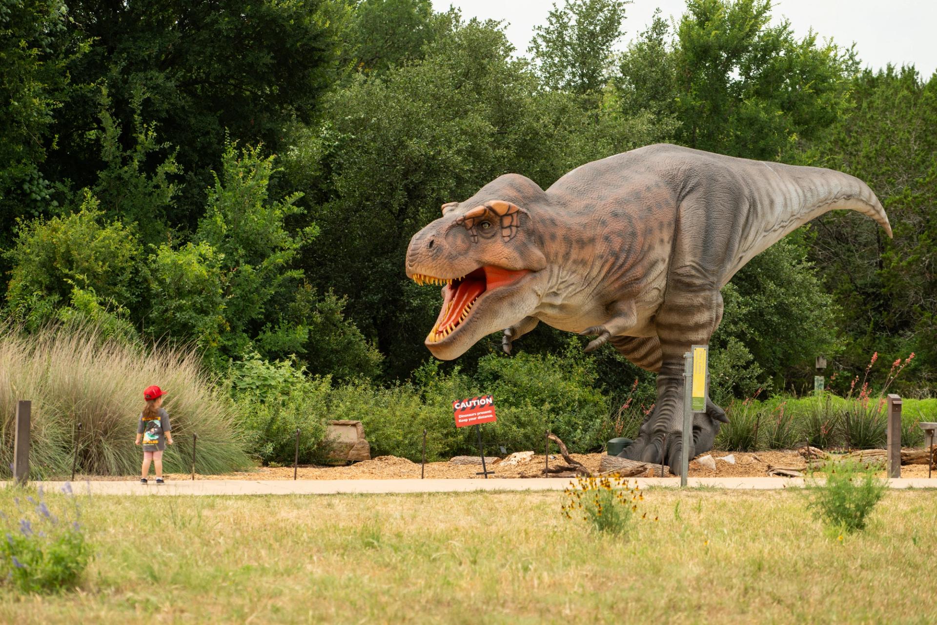 An animatronic T-rex in a garden next to a little girl wearing a red hat.
