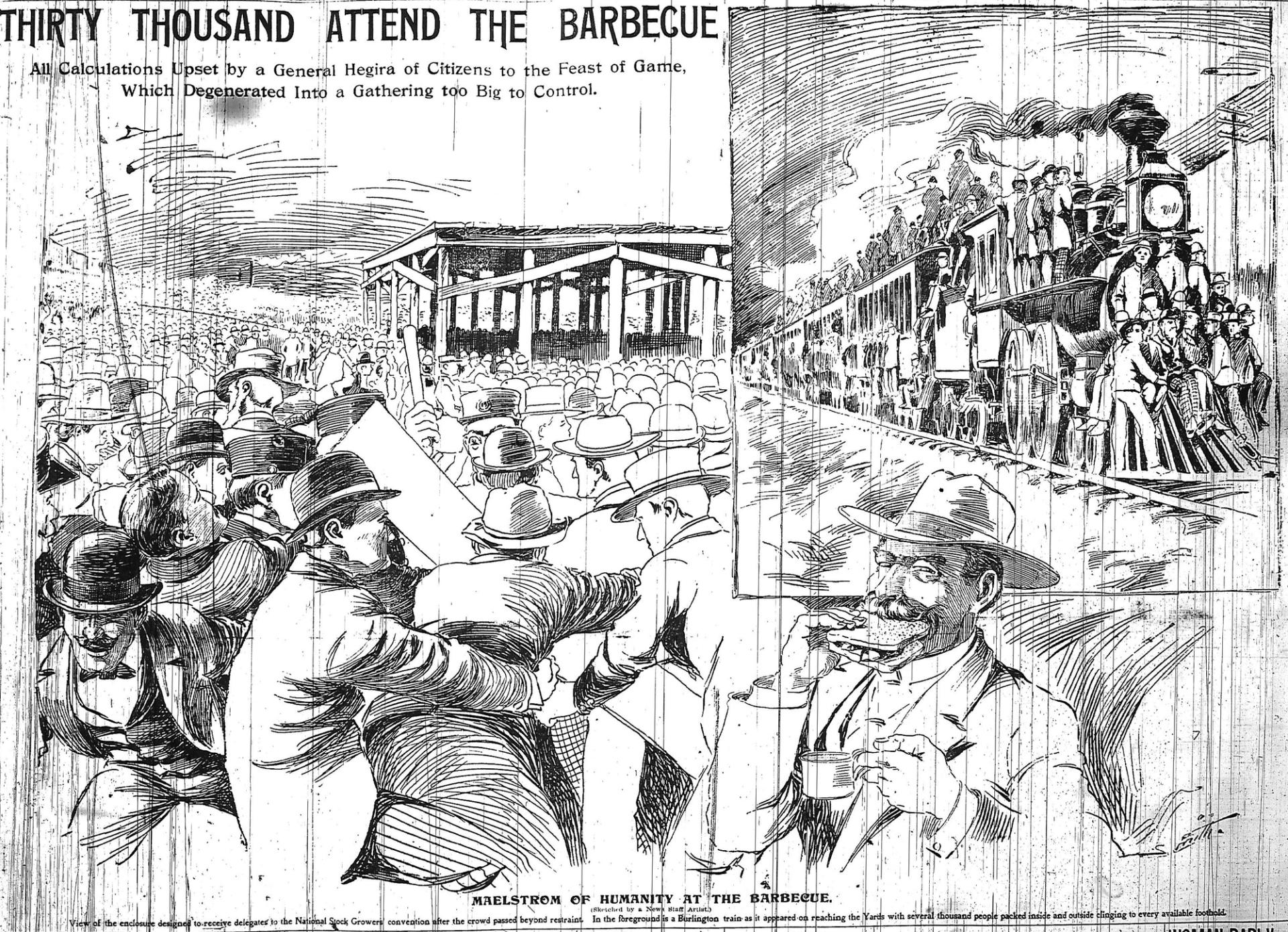 A sketch of the 1898 “barbecue riot” by a Rocky Mountain News artist.