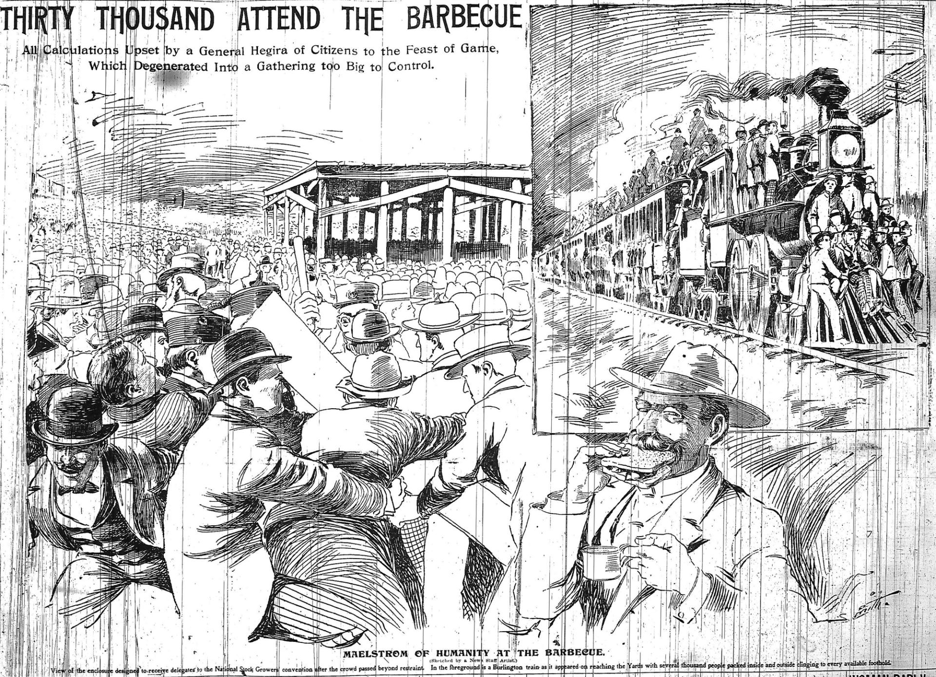 A sketch of the 1898 “barbecue riot” by a Rocky Mountain News artist.