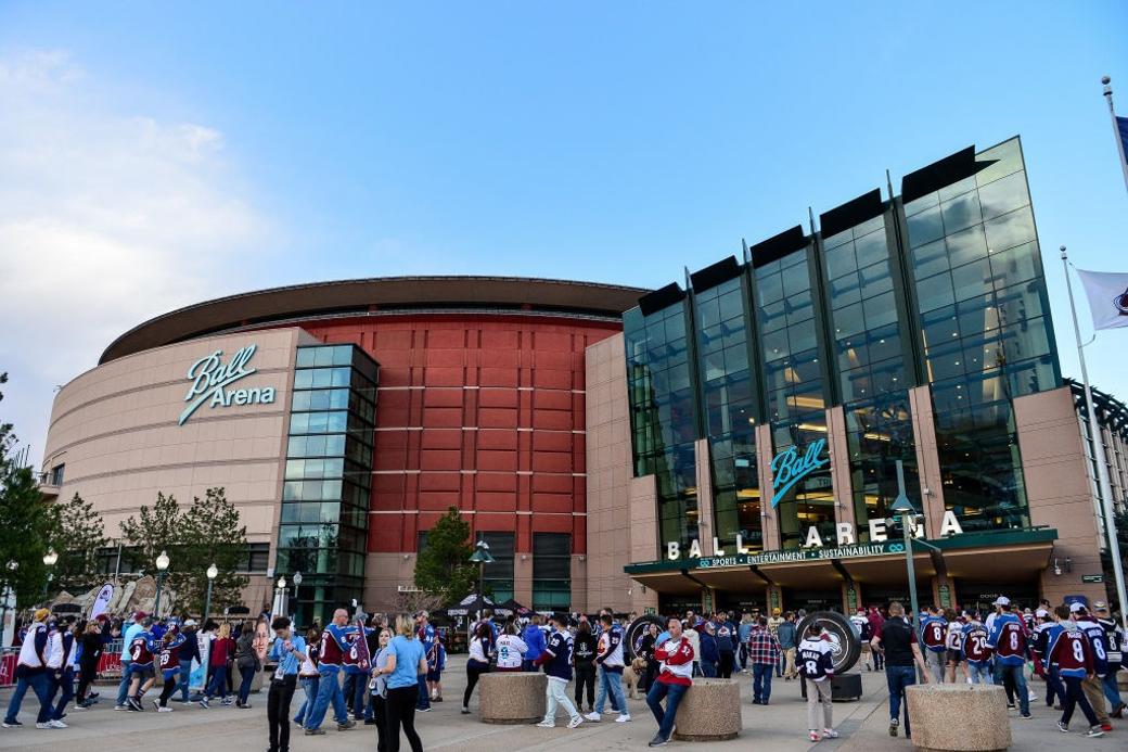 Fans outside the main entrance gate outside of Ball Arena ahead of an Avs game in April 2023. 