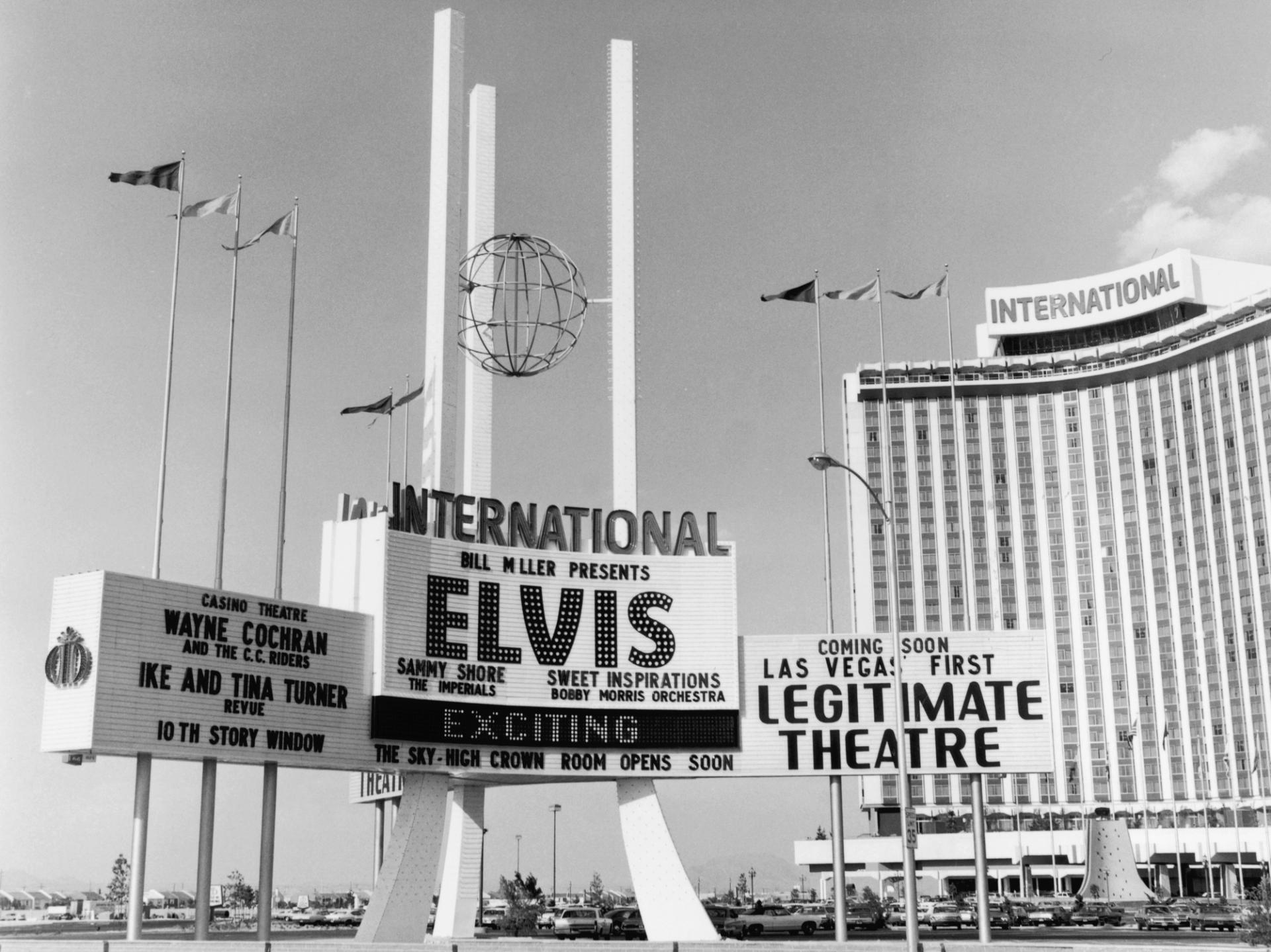 The exterior and marquee of the International hotel the night Elvis Presley debuted.