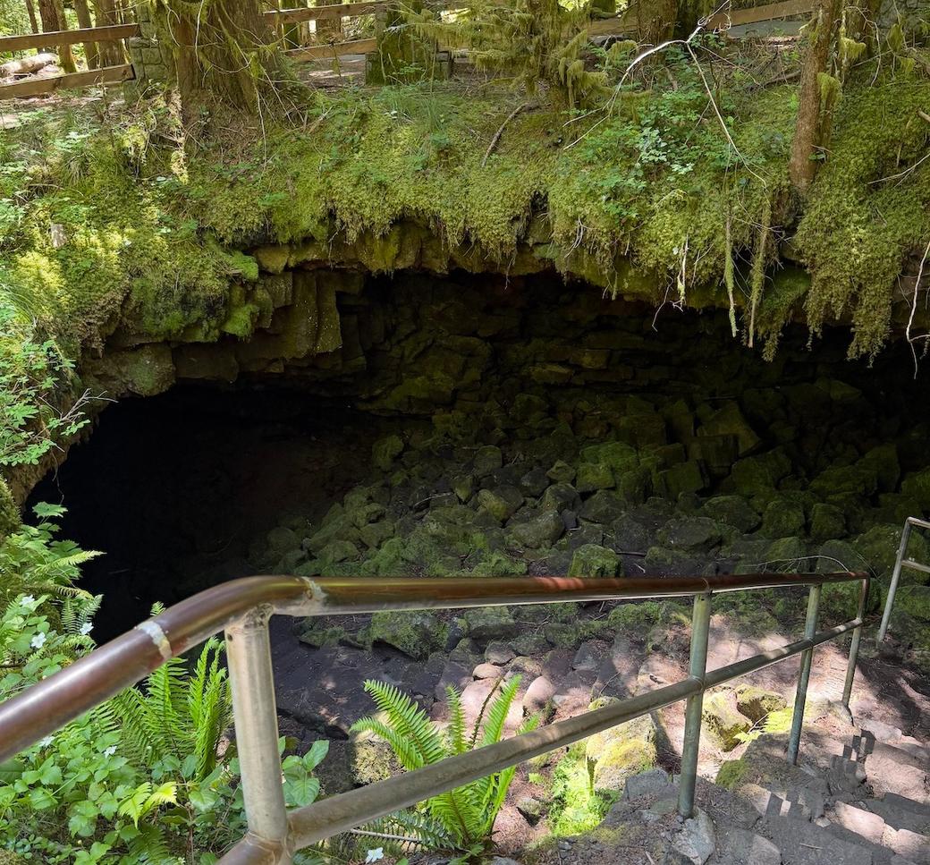 Stairs leading down into a moss-covered cave
