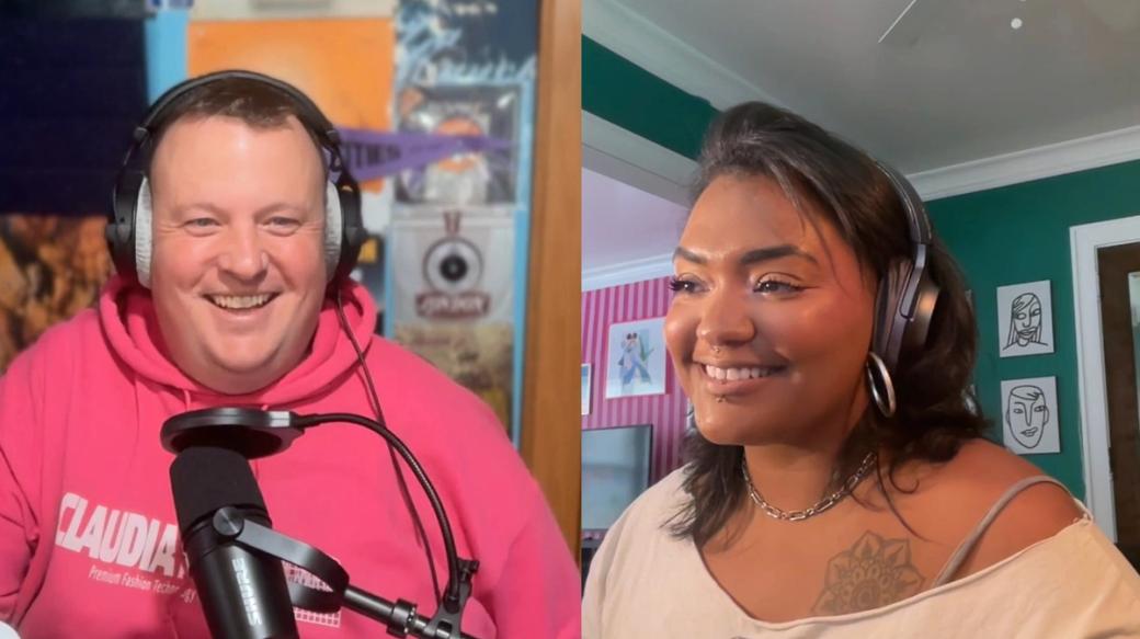 Sean McPherson and Nadi McGill on a call together. Sean is on the left, wearing a pink hoodie. McGill is on the right, wearing an off the shoulder light brown shirt.