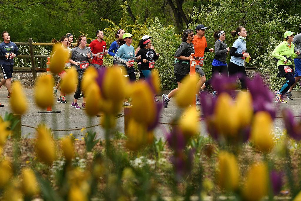 Runners compete in a road race with flowers in the foreground