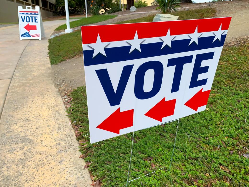 red white and blue "vote" signs
